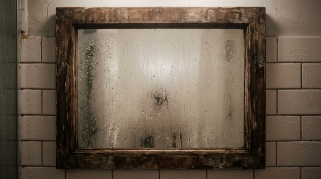 A heavily fogged and dirty rectangular mirror with a rustic wooden frame mounted on a tiled wall, suggesting an old bathroom or neglected space.