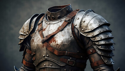 Fototapeta premium Detailed close-up of weathered medieval knight plate armor with rusty steel textures and leather straps