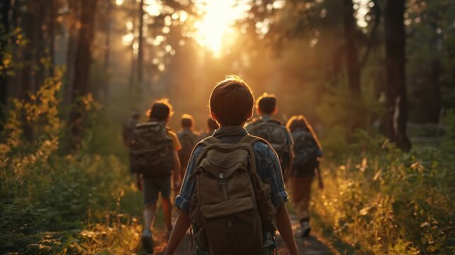 Children hiking through a sunlit forest trail during summer camp adventure with backpacks at golden hour