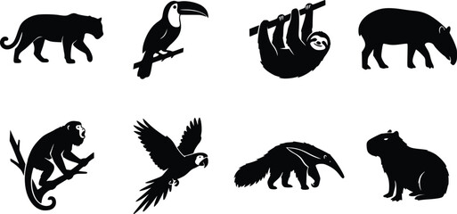 Obraz premium Rainforest Animal Silhouettes Collection Featuring Jaguar, Toucan, Sloth, Tapir, Monkey, Parrot, Anteater, and Capybara