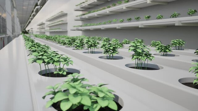 CGI of hydroponic vertical farming with green seedlings in white containers. Represents sustainable agriculture and the future of food production. Rendered in Unreal Engine.