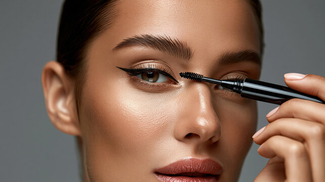 Woman face eyeliner natural makeup brown eye closeup skincare beauty portrait cosmetic product glamour confident soft light luxury detail focus