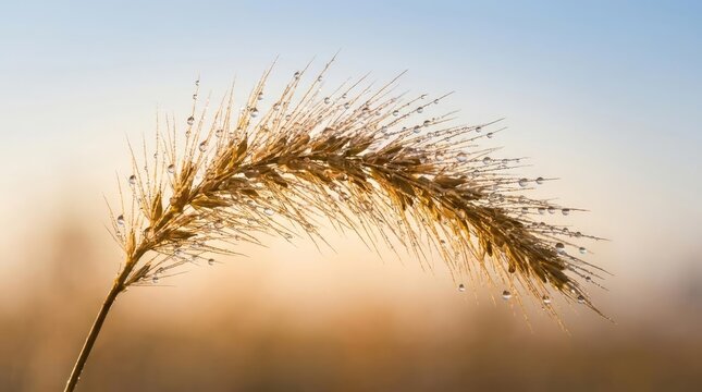 Close up of wheat ear with morning dew drops