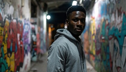 Fototapeta premium Young black man in grey hoodie in graffiti alleyway at night