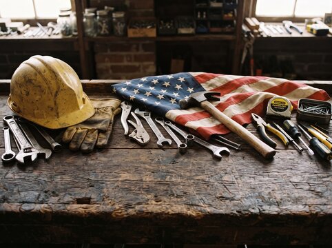 American labor day concept with construction tools and hard hat on workbench