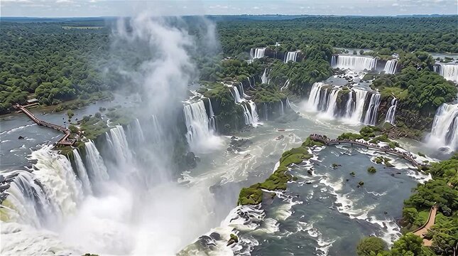 An aerial view of the powerful Iguazu Falls, with mist rising from the roaring waters. Iguazu Falls on the Brazil-Argentina Border
