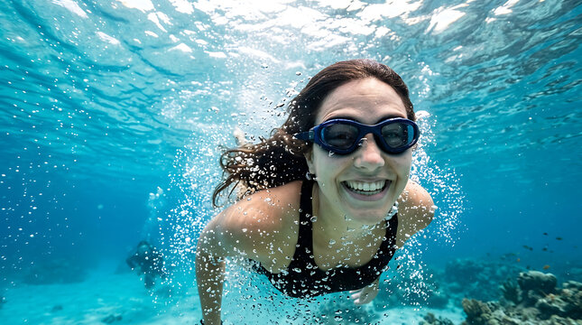 Happy Young Woman Snorkeling Underwater in Clear Blue Tropical Ocean Water with Bubbles