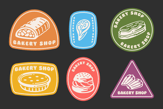 Bakery products retro badge design for pastry shop. Set of vintage sweet treat patch. Confectionery dessert rustic emblem logo with strudel, cream roll, eclair, pie, puff, cookies illustration