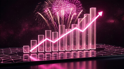 Naklejka premium Pink neon financial growth chart with arrow. Business success graph with fireworks display. Glowing 3d stock market profit arrow background.