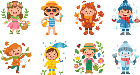 Fototapeta premium Cute Children in Four Seasons Cartoon Vector Collection with Seasonal Activities and Weather Themes