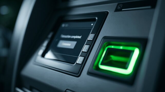 Close-up of an atm machine displaying transaction completed message, highlighting modern banking and secure financial technology