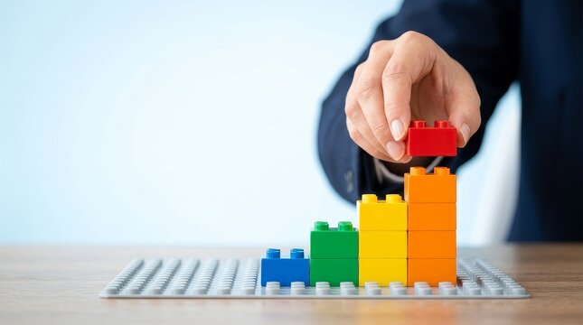 Building a Growth Strategy with Colorful Blocks in a Modern Office Environment
