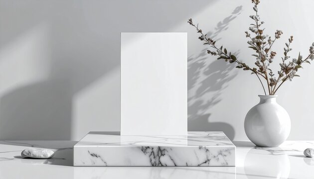 A pristine mockup of a blank vertical card on a polished marble base stand block layout