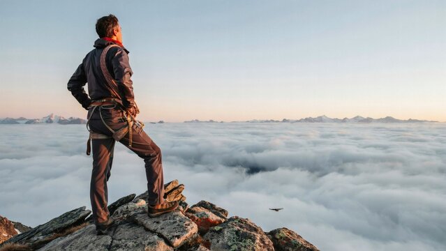 Male mountaineer in climbing gear standing on rocky peak overlooking sea of clouds with captures climber standing
