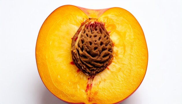 Halved peach with vivid flesh and textured pit, showcasing fruit anatomy and natural beauty.