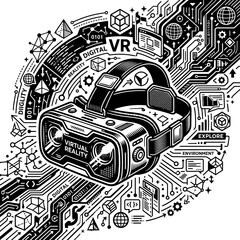 Obraz premium Person wearing VR headset in futuristic digital workspace. Immersive virtual reality gaming and metaverse technology experience.