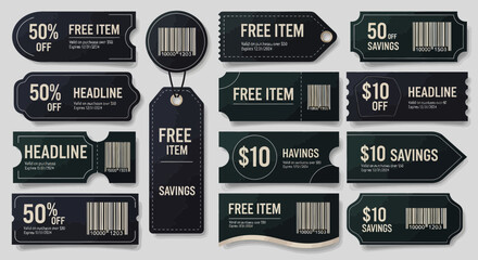 Naklejka premium Collection of discount and savings vouchers with barcodes for retail promotions