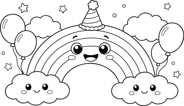 Happy Rainbow Wearing Party Hat Cute Cartoon Coloring Page Line Art for Kids