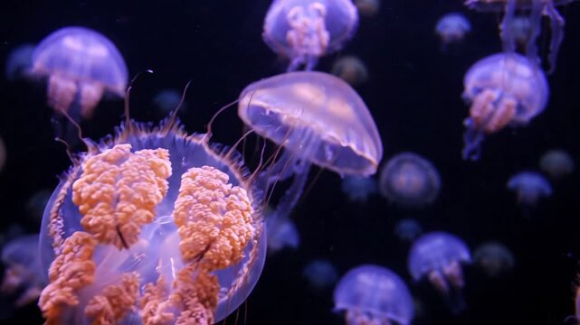 Jellyfish swimming and floating in dark ocean aquarium for nature and marine life content