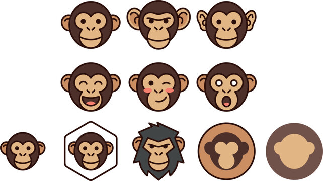 Cute Monkey Face Icons Set with Different Expressions Emoji Badge and Logo Style Vector Illustration Bundle for Animal and Character Concepts