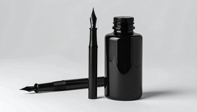 A sleek black ink bottle standing next to a calligraphy pen nib staff handle tube pack