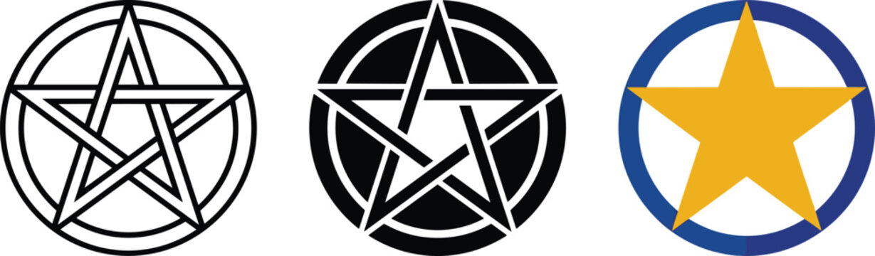 Three variations of a star inside a circle symbol, including a pentagram outline, a solid black pentagram, and a yellow star in a blue circle