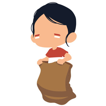 Chibi Faceless Indonesian Boy Playing Gunny Sack Race Independence Day Game Illustration