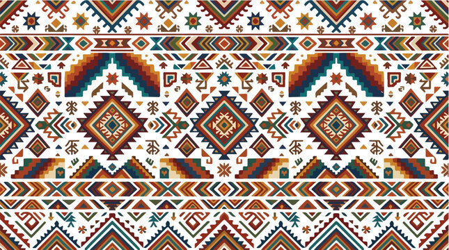 Seamless ethnic tribal pattern with geometric shapes and traditional motifs in warm earthy tones of terracotta blue and ochre perfect for textile design and cultural backgrounds