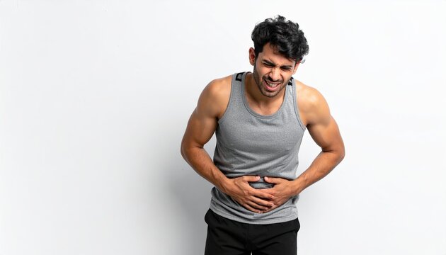 A young athletic man clutching his abdomen with a grimace, highlighting a strong stomach ache or cramp, isolated on white.