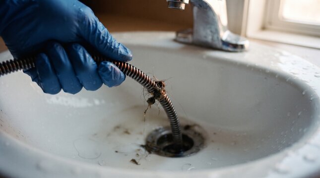 A gloved hand holds a dirty drain snake over a clogged sink