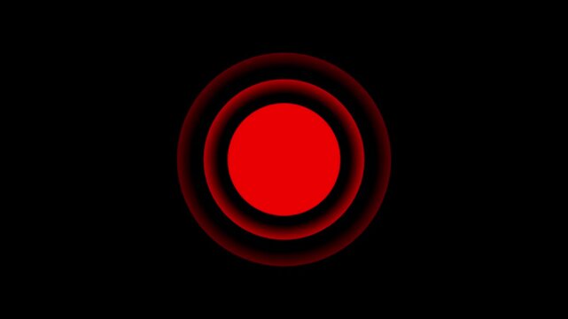 Animated pulsing red recording dot symbol with glowing radar circles on black background for live streaming REC indicator and alert video UI