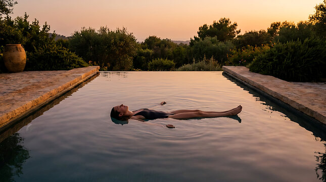 Peaceful woman floating in a luxury infinity pool surrounded by nature at sunset