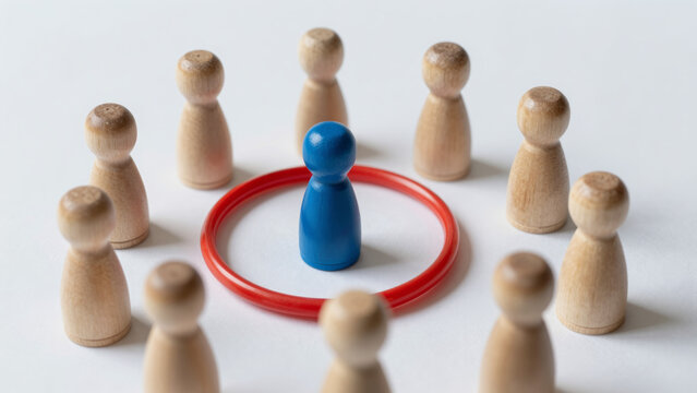 Blue Wooden Peg Figure in Red Ring &ndash; Surrounded by Unpainted Figures for Personal Space, Setting Boundaries, Isolation from Society, Individuality, Healthy Personal Limits