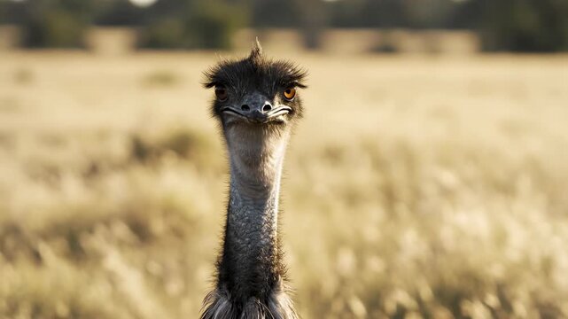 A curious emu stares directly into the camera while standing tall within the dry golden grasses of the Australian outback during a warm and bright afternoon as the sun sinks low on the horizon