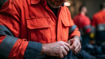 Fototapeta premium A person in an orange work jacket adjusts gear while others stand nearby in a dimly lit indoor space