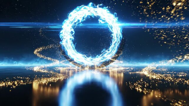 Glowing blue fire ring rotating with golden particles exploding on dark background for cinematic intro