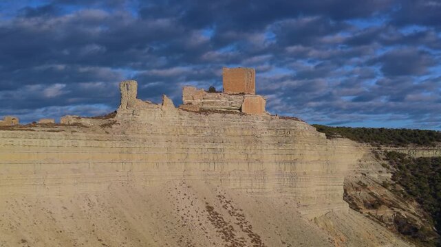 Aerial view from a drone of Sora Castle, ruins of a medieval fortress on the top of a rocky hill near the village of Castej&oacute;n de Valdejasa, Cinco Villas region, province of Zaragoza, Aragon, Spain, Eu