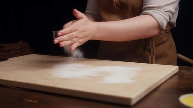 Close up of baker dusting a wooden board with flour using a flour sifter. Fine flour falls evenly, preparing the surface for kneading and shaping homemade bread dough.
