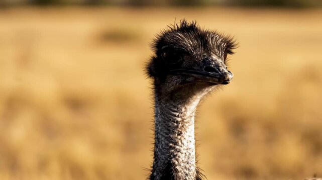 A curious emu gazes across the vast Australian outback landscape while sunlight warms its feathers during an afternoon trek through the dry grasses of the wild wilderness in this giant bird