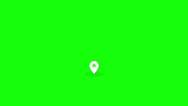 White minimalist location pin icon with shadow isolated on bright green screen background. GPS map marker symbol for digital navigation, destination tracking, and travel interface design.