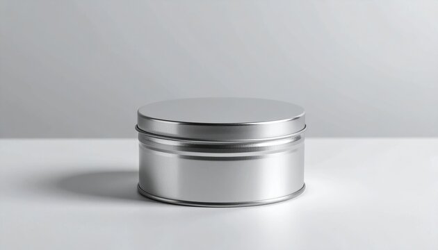 A pristine mockup of a round metal tin container on a surface
