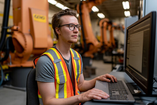 Engineer operates factory robotic arms