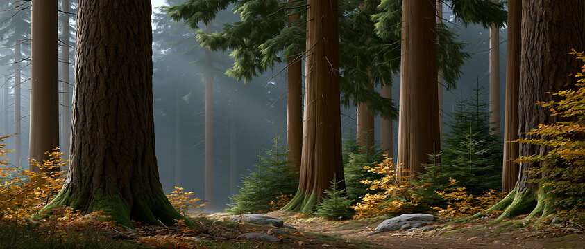 Sunlight filters through tall trees in the forest