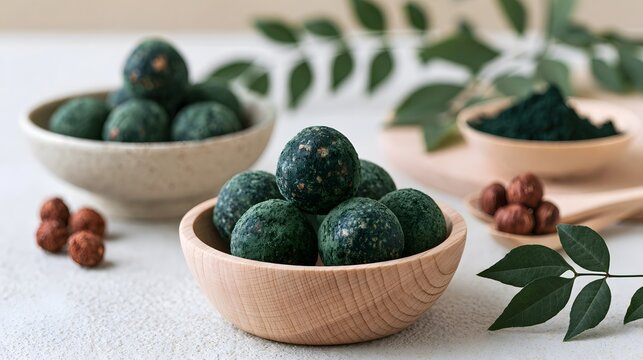 Green spherical food balls and powder displayed in wooden bowls on a light surface with fresh green leaves nearby