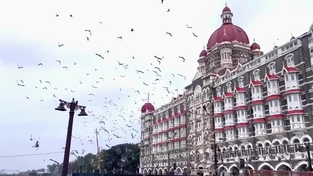 Taj Mahal Palace Hotel and Gateway of India with Flying Pigeons in Mumbai