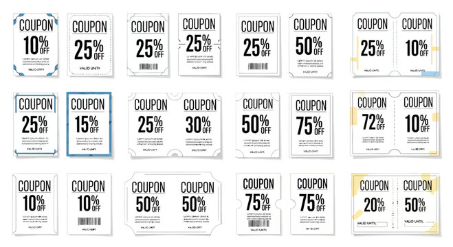 Collection of discount coupons offering various percentage savings