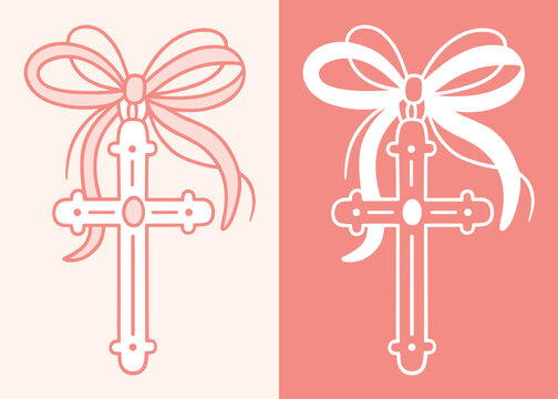 Cross with bow pink outline drawing christian girl symbol girly gothic preppy coquette aesthetic white line art. Soft goth pastel ribbon cute necklace catholic orthodox jewelry illustration print.