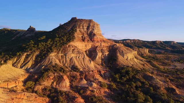 Aerial view from a drone of Sora Castle, ruins of a medieval fortress on the top of a rocky hill near the village of Castej&oacute;n de Valdejasa, Cinco Villas region, province of Zaragoza, Aragon, Spain, Eu