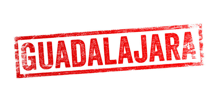Guadalajara text printed inside a weathered, vintage rubber stamp shape. Iconic geographical sign representing the historic Mexican city, travel destination, cultural hub, urban tourism, and landmark.