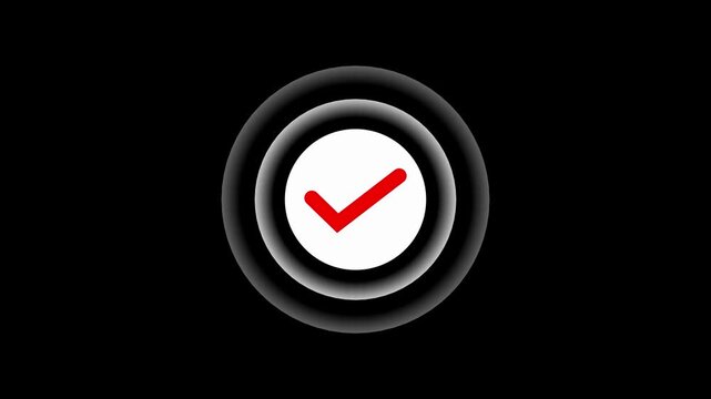 white Animated Red Checkmark Icon in Concentric Circles on Black Background Success Check Mark Animation with Pulsing Target Circles